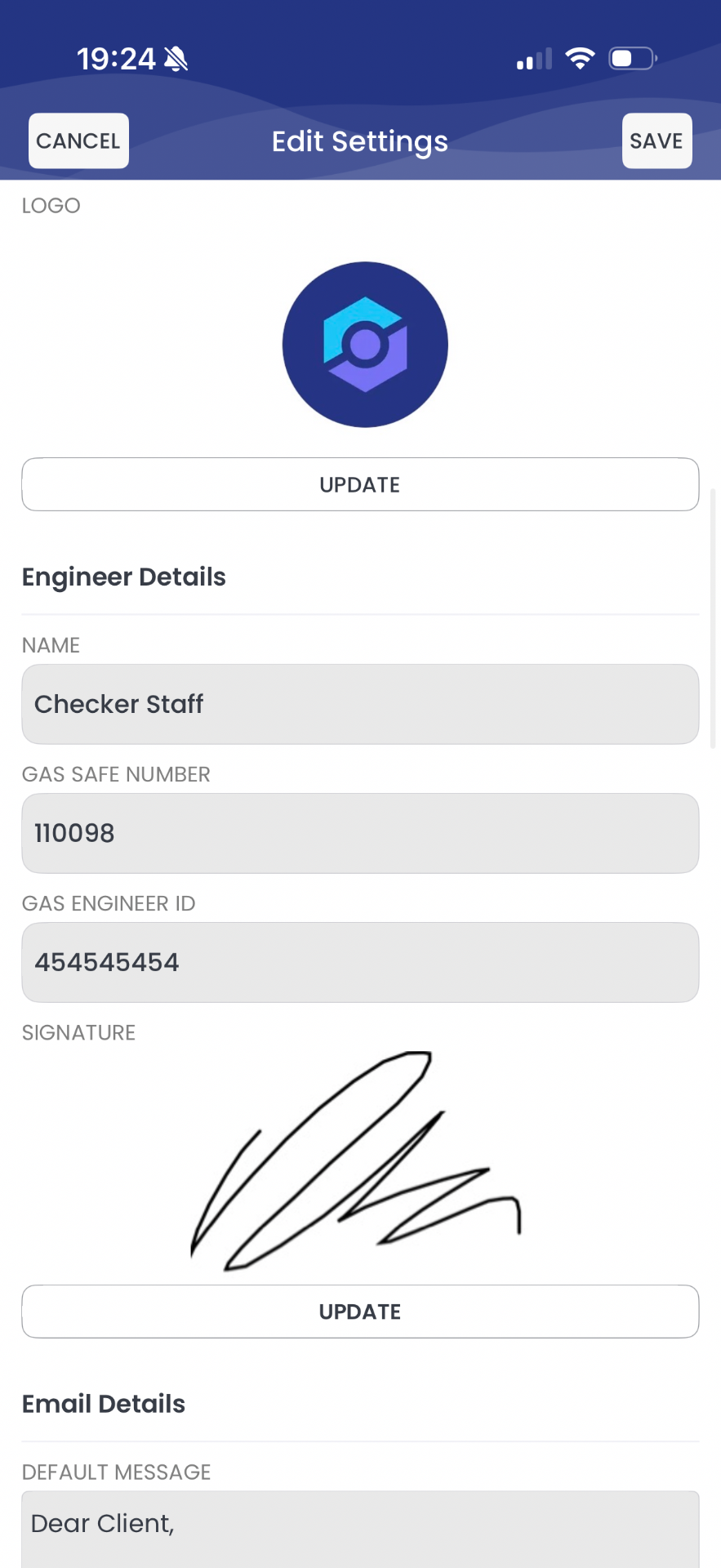 Checker app settings screen showing logo upload and engineer details