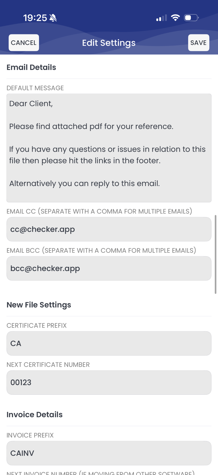 Checker app settings screen showing email details and file numbering