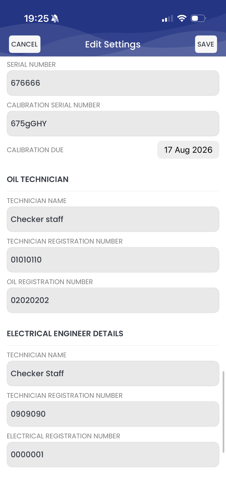Checker app settings screen showing oil technician and electrical engineer registration details