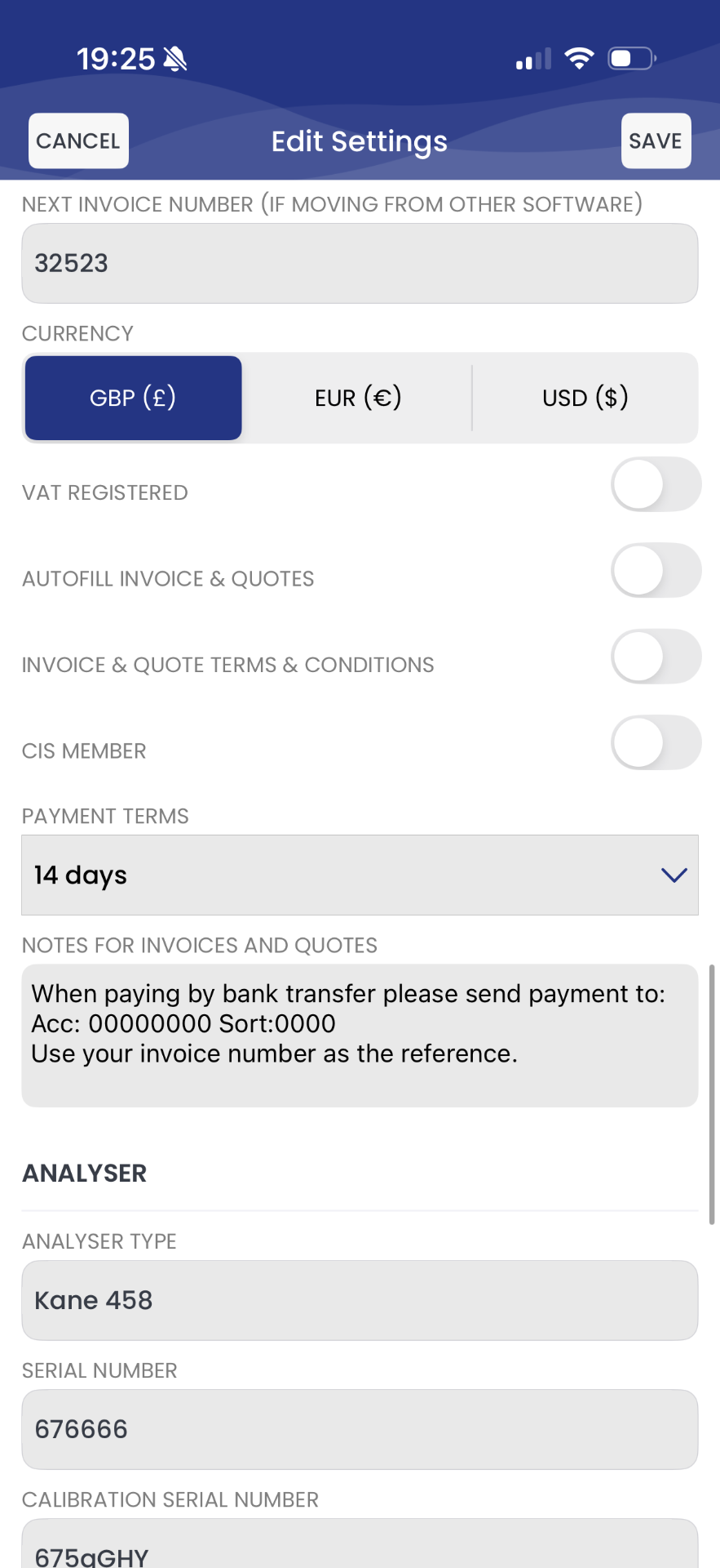 Checker app settings screen showing currency, VAT, payment terms and analyser settings