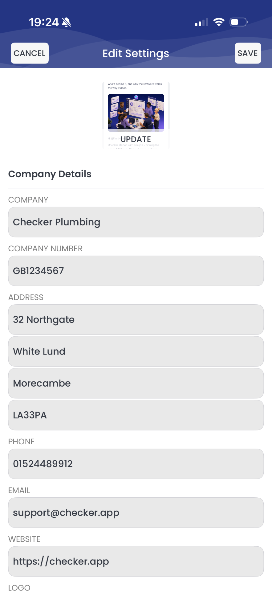 Checker app settings screen showing company details fields